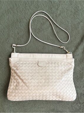 Vintage Pierre Cardin Cream Woven Leather Crossbody Gold Frame
